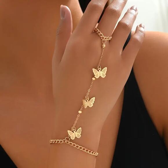 Unbranded Jewelry - NEW Gold Chain Hand Bracelet with Butterfly Charms – Vintage style Ring Bracelet